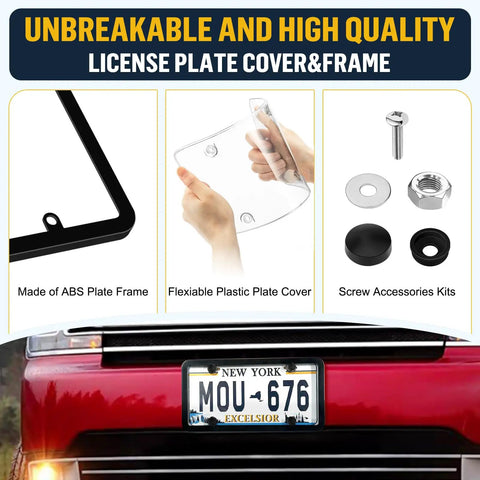 Clear License Plate Frame Protectors 2 Pack Universal Fit For All US Standard Plates with stainless screws and plastic cover