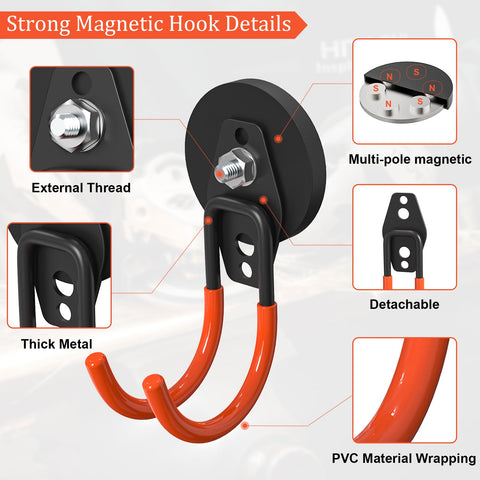 Heavy Duty Magnetic Garage Hooks 4 Pack With Grip Firm Neodymium Magnets detail showing multi-pole magnet and detachable thick metal hooks.