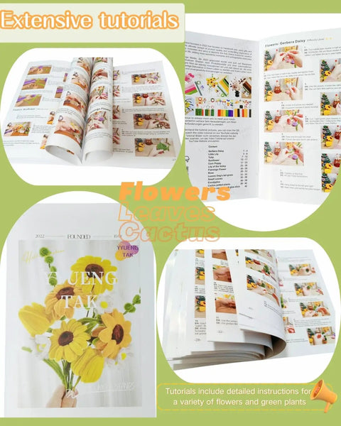 Extensive Pipe Cleaner Flower Kit With Video Tutorial 500 Pcs Craft Set instructions and floral designs on open pages.