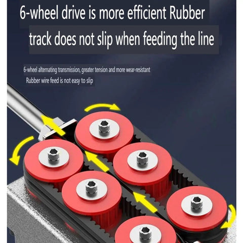 Electric Wire Puller With 150kg Max Pulling Force And Automatic Cord Stringing showing 6-wheel drive rubber track for efficient wire feeding.