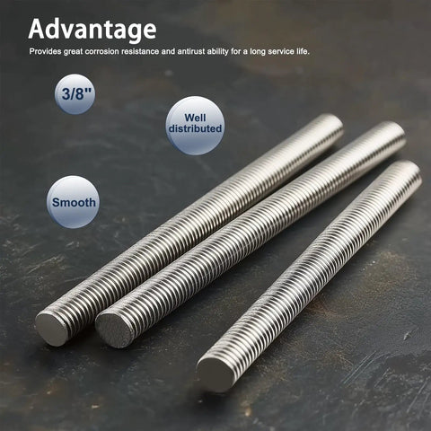 Heavy Duty 3/8 Inch 16 Coarse Thread Stainless Steel Fully Threaded Rods, 12 Inch Length, Right Hand Thread, 304 Stainless Steel Studs for Furniture Anchors, Clamps, Hangers and U-Bolts, 2 Pack shown on a dark surface.