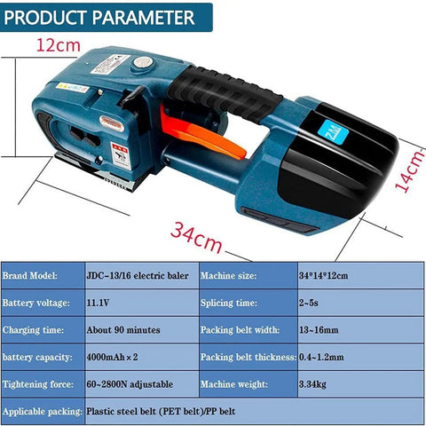 No Sweat Portable Electric Strapping Machine For 1/2 To 5/8 Inch Heavy Duty Steel Plastic Straps With Big 4000 Mah Battery shown with dimensions 34x14x12cm.