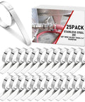 Heavy Duty 25 Pack Stainless Steel Hose Clamps 2.5 Inch Size With 5/8 Inch Wide Double Band For Ducting Cable Routing And Garage Mods image showing individual clamps and packaging.