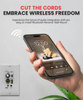 Person holding smartphone showing music app, near Wireless Bluetooth In Wall Audio Receiver With Built In 100W Amplifier And USB Microphone Aux.