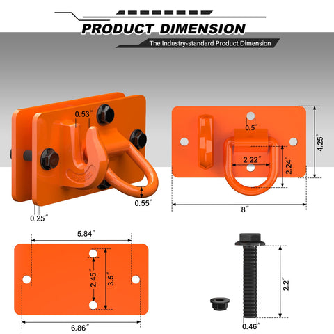 Two Pack Tractor Bucket Hooks With Tie Down Ring, Grade 70 Forged Steel Bolt On Grab Hook Tow Hook Mount dimensions, orange