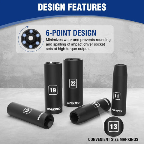 Beefy Half Inch Drive Deep Impact Socket Set, 6-Point Cr-V Steel Metric 10mm To 27mm, showing 6-point design and size markings.