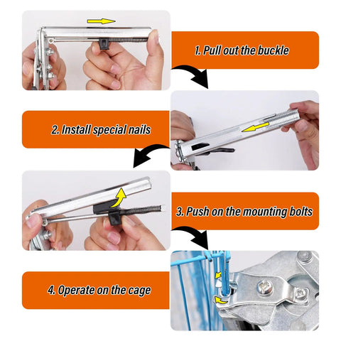 Type M Hog Nail Ring Pliers Kit With 2400 M Clips for Fence Fastening, installation steps with pliers and cage.