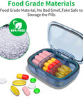 Two Pack Three Compartment Pill Box With Moisture Proof Case and BPA free label, showing pills inside.