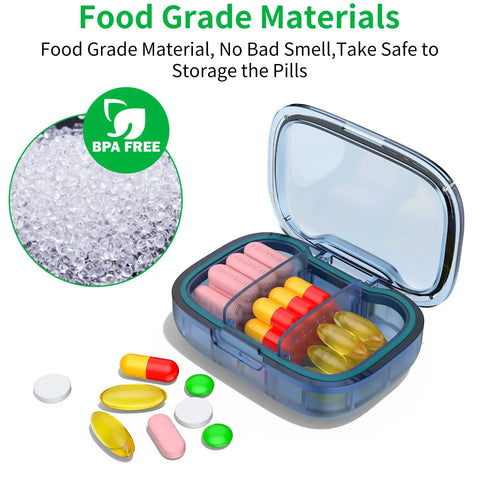 Two Pack Three Compartment Pill Box With Moisture Proof Case and BPA free label, showing pills inside.