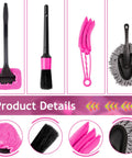 Close-up of Pink Car Interior Detailing Kit with brushes and cleaning tools for windows, windshield, dashboard, and air vents