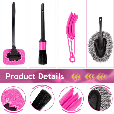 Close-up of Pink Car Interior Detailing Kit with brushes and cleaning tools for windows, windshield, dashboard, and air vents