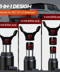 Bottle jack adapter set in black steel with two adapters for 20T, 12T and 4T bottle jacks; three-panel display