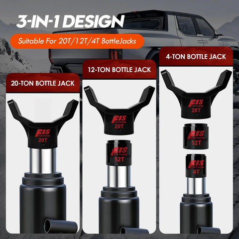 Bottle jack adapter set in black steel with two adapters for 20T, 12T and 4T bottle jacks; three-panel display