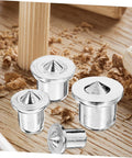 Stainless Steel Dowel Pin Set Five Pack With Dowel Center Transfer Plugs In 6Mm 8Mm 10Mm And 12Mm showing precise hole alignment in wood.
