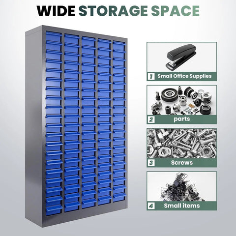 Heavy Duty 100 Drawer Parts Cabinet With ABS Plastic Drawers Adjustable Dividers And Label Holders Perfect For Tool Storage In Workshop Garage And Home Shop Organization in use for organizing office supplies, parts, screws, and small items.