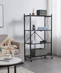 Rock Solid Four Tier Metal Shelving Rack With Smooth Roll Away Casters, Foldable Storage Organizer For Garage Or Kitchen, Heavy Duty Shelf With No Sweat Setup, Black in modern living space.