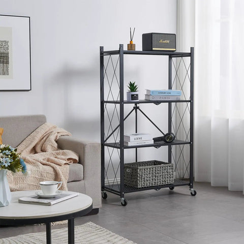 Rock Solid Four Tier Metal Shelving Rack With Smooth Roll Away Casters, Foldable Storage Organizer For Garage Or Kitchen, Heavy Duty Shelf With No Sweat Setup, Black in modern living space.