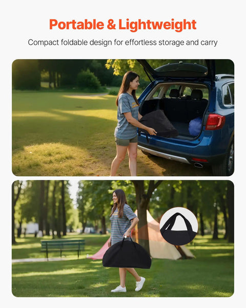 Woman carrying Folding Camping Table For Outdoor Adventures Portable Lightweight Picnic Table With 66 Lb Capacity Waterproof 600D Oxford Fabric in carry bag