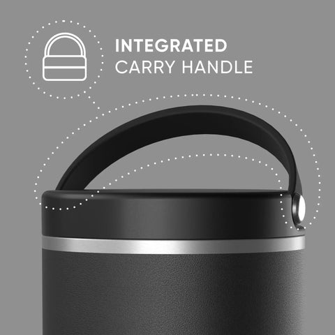 Slick Rugged Badass 25 Oz Double Wall Vacuum Insulated Food Storage Jar With Wide Mouth Leak Proof Lid Keeps Your Grub Scalding Hot Ten Hours Or Ice Cold Sixteen Hours Matte Black integrated carry handle detail.