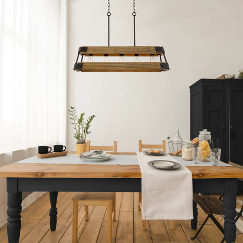 Rustic Modern Farmhouse Kitchen Island Light With Wood Panel Rectangular Frame 34 Inch Five Light Oil Rubbed Bronze Finish And Russet Oak Panels For Industrial Cozy Vibe above a dining table