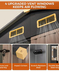 Weatherproof 8x6 Feet Outdoor Storage Shed with lockable doors, showing upgraded vent windows and durable hinges in brown galvanized steel.