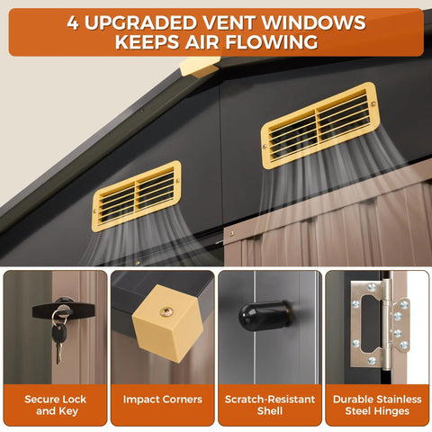Weatherproof 8x6 Feet Outdoor Storage Shed with lockable doors, showing upgraded vent windows and durable hinges in brown galvanized steel.