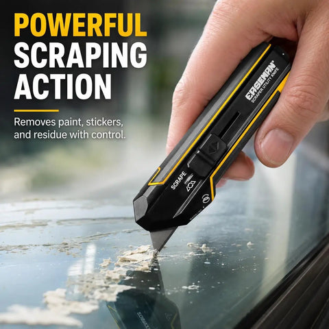 3 In 1 Handy Utility Scraper Tool With Retractable Knife 90 Degree Rotating Head Four Locking Positions Includes 10 Replacement Blades Built For Quick Paint Removal Label Residue Putty And Adhesive Cleanup. Hand scraping residue from glass.
