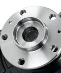 Close-up view of the wheel hub assembly of the Front Right Steering Knuckle With Wheel Hub Assembly And Preinstalled Bearing For Ram ProMaster 1500 2500 3500.