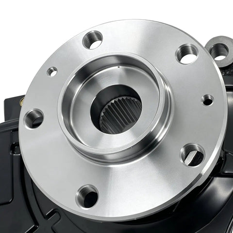 Close-up view of the wheel hub assembly of the Front Right Steering Knuckle With Wheel Hub Assembly And Preinstalled Bearing For Ram ProMaster 1500 2500 3500.