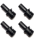 Flat lay of four black Detoria 20381-002 quad-port straight hose barb fittings for 1/2" hoses.