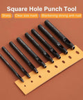 Eight Size Oval Leather Hole Punch Set 2x4mm To 6x10mm Made From Carbon Steel For Belt Holes And Leather Crafting Hand Punch Tool Built Tough For DIY Leatherworking Projects displayed on leather sheet