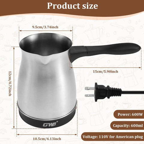 600ml Turkish Coffee Maker 5 To 6 Cup Capacity 110V Stainless Steel Electric Coffee Machine with Handle for Home Kitchen and Travel