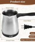 Electric Turkish Coffee Pot With Stainless Steel Build 110V For 5 To 6 Cups, Cool Touch Handle, dimensions shown with power cord