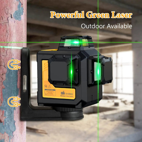 Self Leveling Laser Level Tool With 3x360 Degree Green Beam Lines mounted on wall with magnetic base in construction site