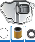 Nissan CVT Transmission Filter And Oil Pan Gasket Kit For Altima Rogue And Sentra 2.0L 2.5L With JF011E RE0F10A RE0F10B Gearbox Oil Strainer Kit DIY Friendly 20 Hole Easy Install Replacement, shown with metal filter, O-ring, and gasket components.