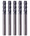 Set of five 3/16 in diameter solid carbide square end mills with AlTiN coating, 4-flute, 30° helix, 2 in overall length