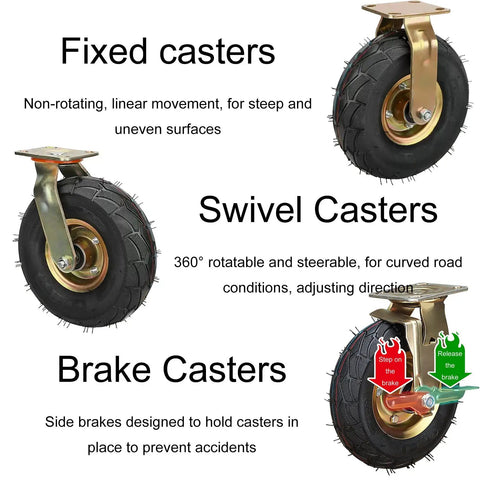 Image showing Fixed, Swivel, and Brake Heavy Duty Pneumatic Rubber Caster Wheels for various movement needs.