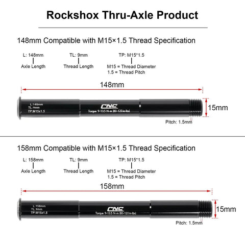 Front Thru Axle Set 15x100mm And 15x110mm Boost For RockShox Forks aluminum construction with length and thread specifications