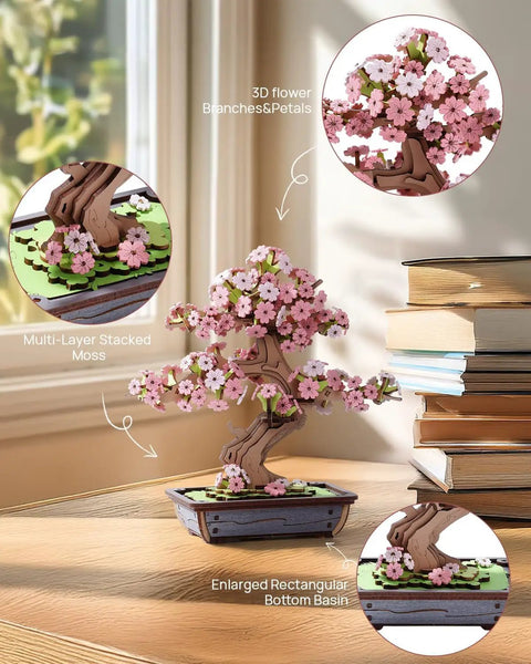 3D Puzzle Kit For Adults Sakura Bonsai Cherry Blossom Wooden Flower Craft Set For DIY Lovers Build A Dope Bonsai Tree Perfect Gift For Mothers Day Christmas Or Birthday 6.3x4.3x6.6 inch wooden model on desk