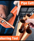 Pro Press Copper Pipe Crimp Tool Kit With Three Dies For One Half Inch, Three Quarter Inch And One Inch PEX Plumbing Includes Copper Tube Cutter And Burr Tool For Leak Proof Water Heating And HVAC Installations showing pipe cutter and deburring tool in use.