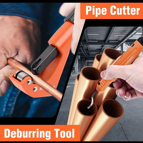 Pro Press Copper Pipe Crimp Tool Kit With Three Dies For One Half Inch, Three Quarter Inch And One Inch PEX Plumbing Includes Copper Tube Cutter And Burr Tool For Leak Proof Water Heating And HVAC Installations showing pipe cutter and deburring tool in use.