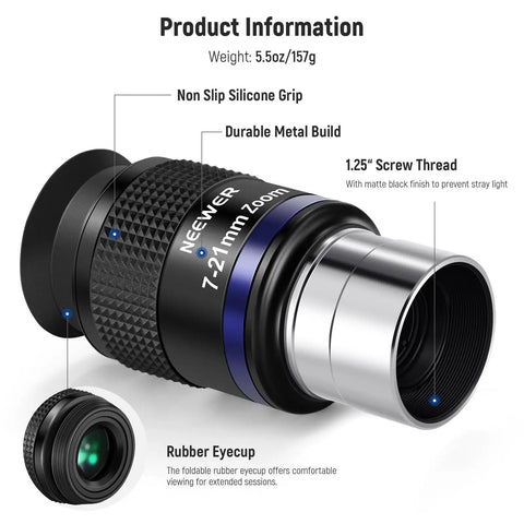 Zoom Telescope Eyepiece 7-21mm Focal Range For Astronomy with 1.25 inch barrel, durable metal build, silicone grip, rubber eyecup.