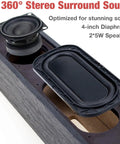 Vintage Wooden Mini PC Sound Bar With 3.5mm Aux, USB Powered Desktop Speakers interior view showing 4-inch diaphragm and 2x5W speakers.