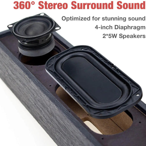 Vintage Wooden Mini PC Sound Bar With 3.5mm Aux, USB Powered Desktop Speakers interior view showing 4-inch diaphragm and 2x5W speakers.