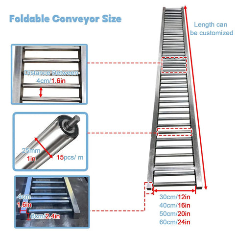 Light Duty Roller Conveyor System With 13 Foot Adjustable And Foldable Unpowered Slides for warehouses, showing roller details.