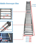 Heavy Duty Stainless Steel Roller Conveyor For Trucks Plus Trailers With Custom Length Options Up To Six And A Half Feet And Twenty Four Inch Wide Portable foldable design featuring dimensions and roller spacing.