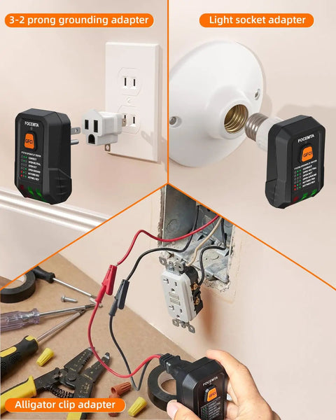 Circuit Breaker Finder And GFCI Outlet Tester Digital Receiver Pro Grade With Color Screen NCV Detection For Home Electrical Safety Includes Carrying Case And Adapters 90 To 135V AC Circuits FTCT02 in use with adapters