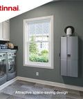 Heavy Duty Gas Tankless Water Heater With Smart Recirculation Delivers Instant Hot Water At Nine Gallons Per Minute For Indoor Setup Featuring 160k Btu Condensing Tech in a compact laundry room setting.
