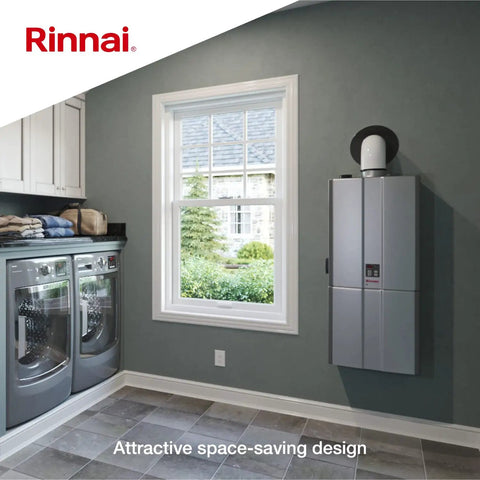 Heavy Duty Gas Tankless Water Heater With Smart Recirculation Delivers Instant Hot Water At Nine Gallons Per Minute For Indoor Setup Featuring 160k Btu Condensing Tech in a compact laundry room setting.