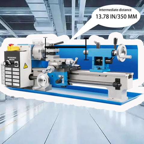 Dead Nuts Accurate Mini Metal Lathe 7 X 14 Inch Benchtop Machine With 550 Watt Motor showing 13.78 IN/350 MM distance.